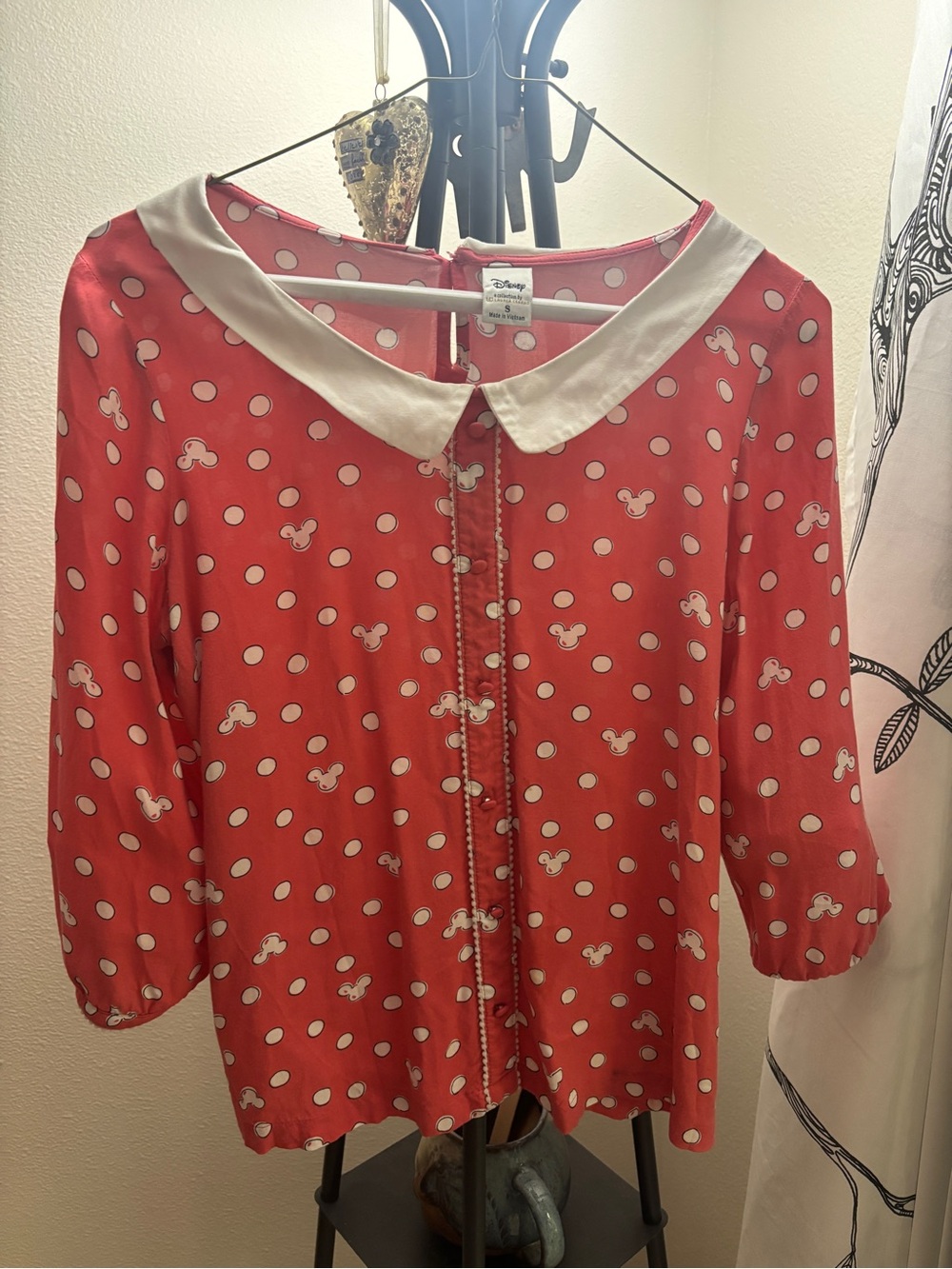 Vintage Disney Coral/White Blouse; Mouse Head Fabric Design/Peter Pan Collar